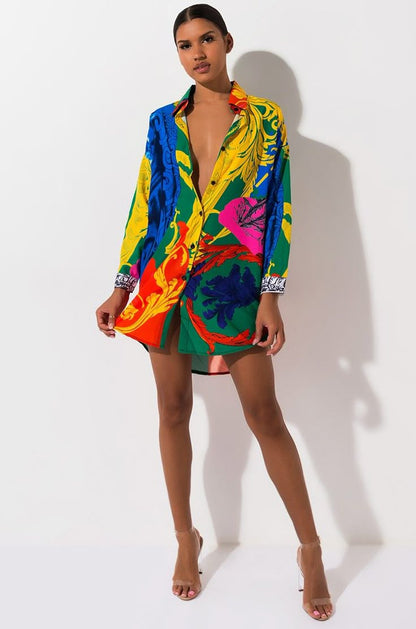 Women’s Colourful Print Button Front Shirt Dress – Size S