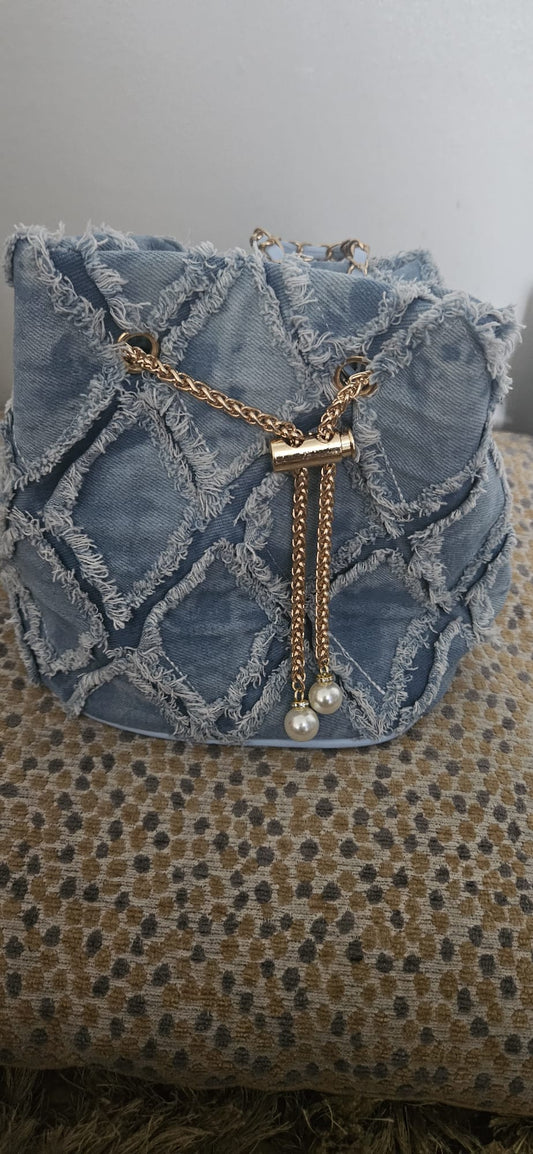Women’s Denim Patchwork Bucket Bag with Pearl Chain Drawstring