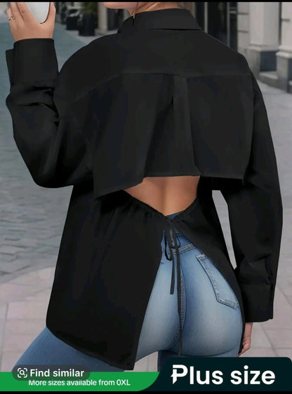 Women’s Plus Size Open Back Button Shirt – Black