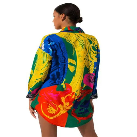 Women’s Colourful Print Button Front Shirt Dress – Size S