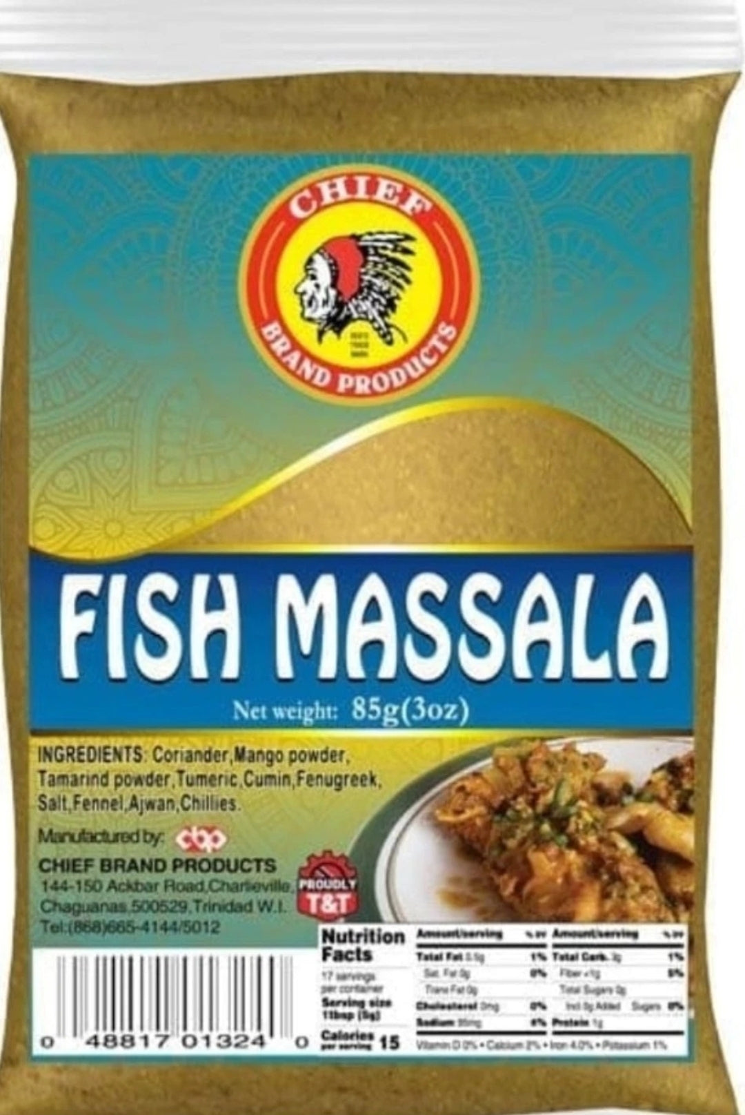 Chief Brand Products Fish Massala package with branding and product details.